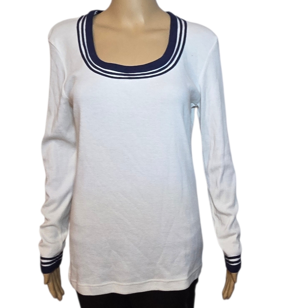 Express Shirt Vintage Long Sleeve White Navy Blue Womens Size Large
